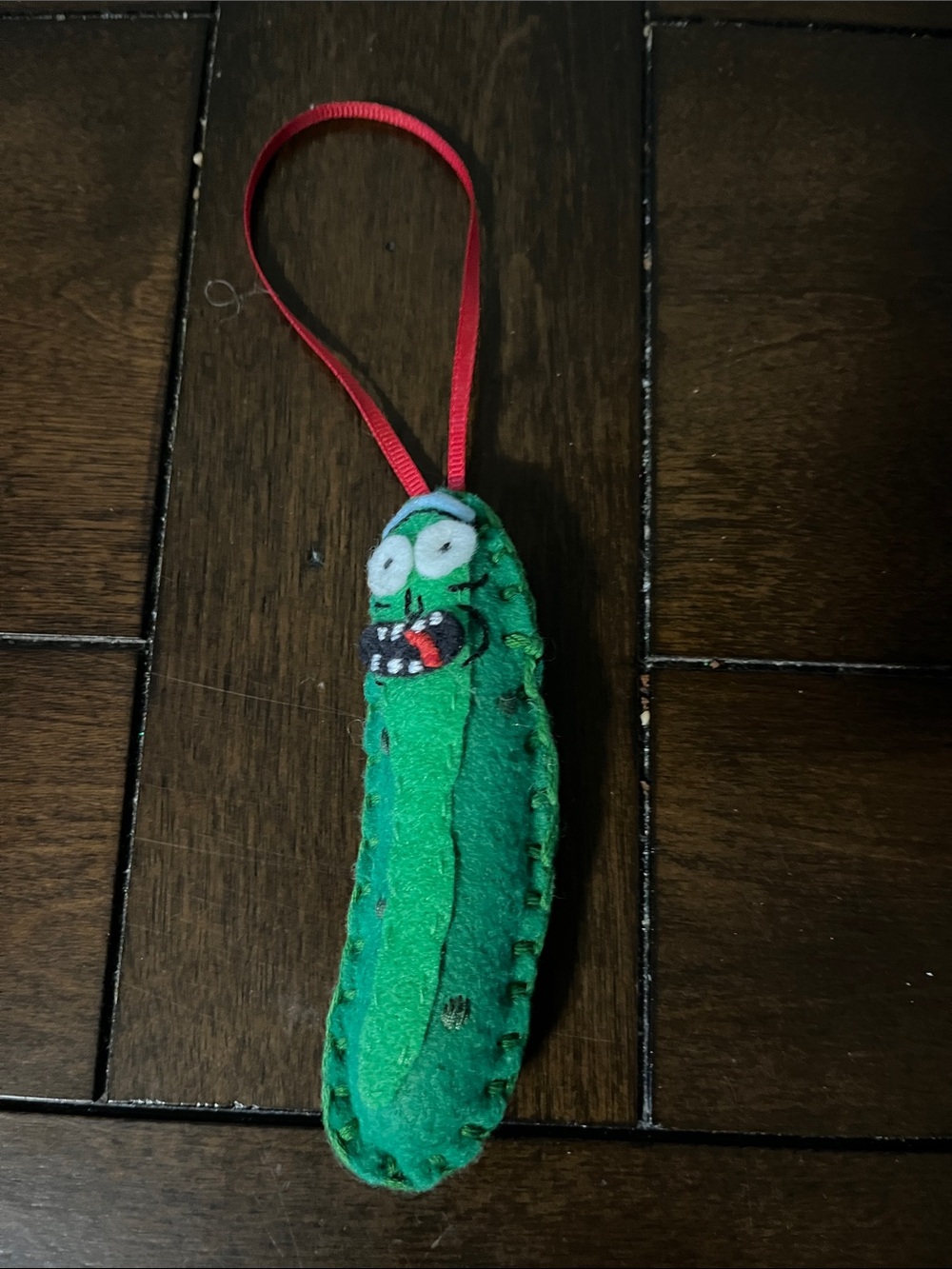 Handmade Felt Pickle Rick Ornament in Green with Red Loop